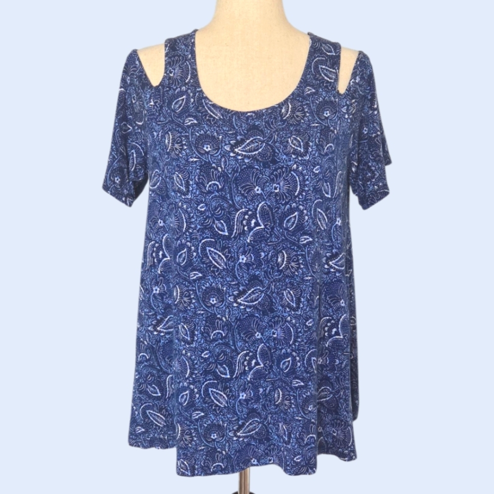 Westport Blue White Paisley Short Flutter Sleeve Cold Shoulder T-shirt Tunic M
